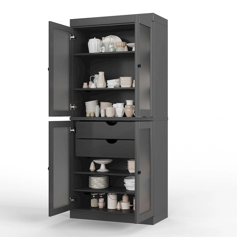 Palace Imports 100% Solid Wood Pantry Cabinet with Frosted Glass Doors, 2-Drawers and Adjustable Shelves - 32 x 71.5