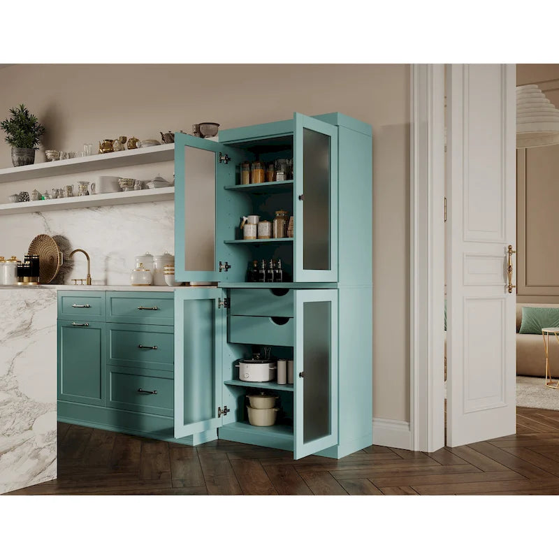 Palace Imports 100% Solid Wood Pantry Cabinet with Frosted Glass Doors, 2-Drawers and Adjustable Shelves - 32 x 71.5