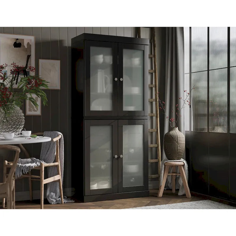 Palace Imports 100% Solid Wood Pantry Cabinet with Frosted Glass Doors, 2-Drawers and Adjustable Shelves - 32 x 71.5