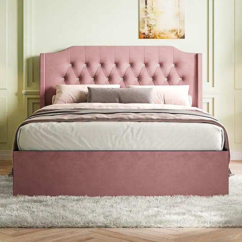 Queen Size Velvet Platform Bed with Tufted Headboard, Underbed Storage & Removable Velcro Fabric Cover