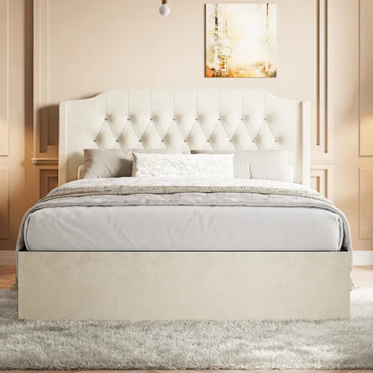 Queen Size Velvet Platform Bed with Tufted Headboard, Underbed Storage & Removable Velcro Fabric Cover
