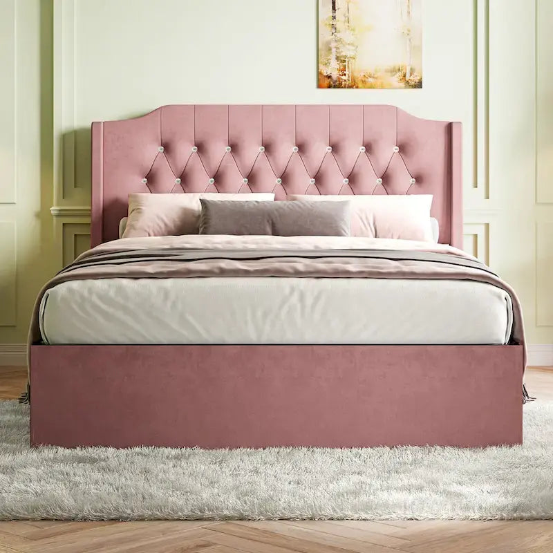 Queen Size Velvet Platform Bed with Tufted Headboard, Underbed Storage & Removable Velcro Fabric Cover