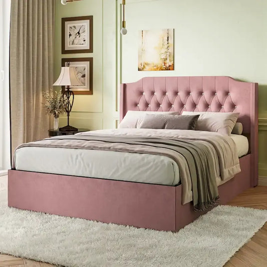 Queen Size Velvet Platform Bed with Tufted Headboard, Underbed Storage & Removable Velcro Fabric Cover