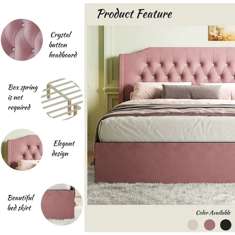 Queen Size Velvet Platform Bed with Tufted Headboard, Underbed Storage & Removable Velcro Fabric Cover
