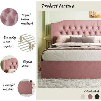 Queen Size Velvet Platform Bed with Tufted Headboard, Underbed Storage & Removable Velcro Fabric Cover