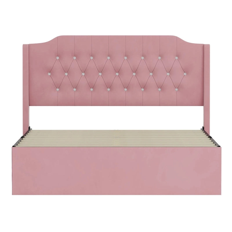 Queen Size Velvet Platform Bed with Tufted Headboard, Underbed Storage & Removable Velcro Fabric Cover