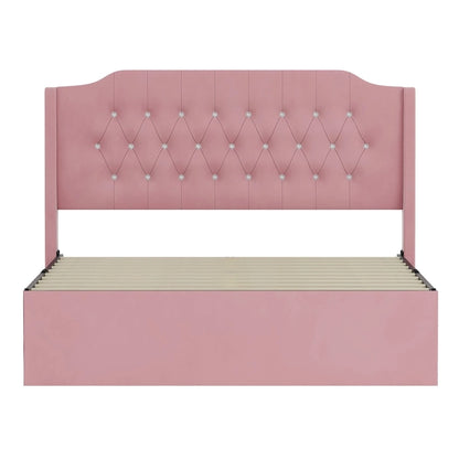 Queen Size Velvet Platform Bed with Tufted Headboard, Underbed Storage & Removable Velcro Fabric Cover