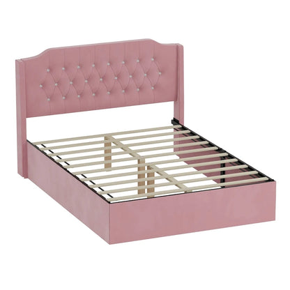 Queen Size Velvet Platform Bed with Tufted Headboard, Underbed Storage & Removable Velcro Fabric Cover