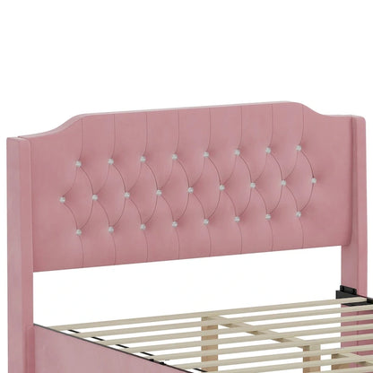 Queen Size Velvet Platform Bed with Tufted Headboard, Underbed Storage & Removable Velcro Fabric Cover