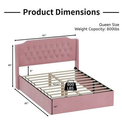 Queen Size Velvet Platform Bed with Tufted Headboard, Underbed Storage & Removable Velcro Fabric Cover