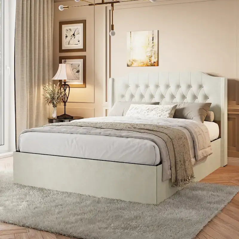 Queen Size Velvet Platform Bed with Tufted Headboard, Underbed Storage & Removable Velcro Fabric Cover