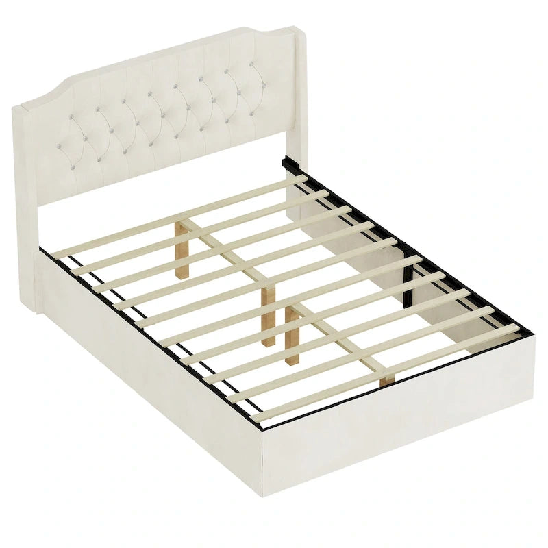 Queen Size Velvet Platform Bed with Tufted Headboard, Underbed Storage & Removable Velcro Fabric Cover