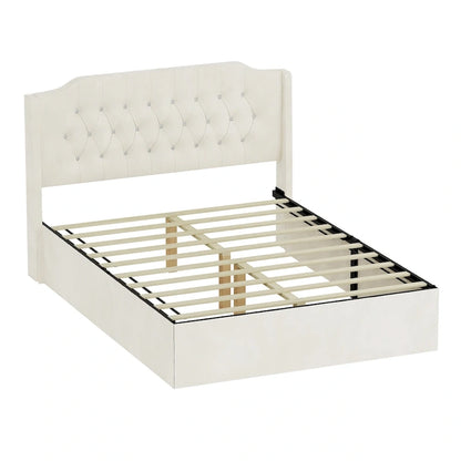 Queen Size Velvet Platform Bed with Tufted Headboard, Underbed Storage & Removable Velcro Fabric Cover