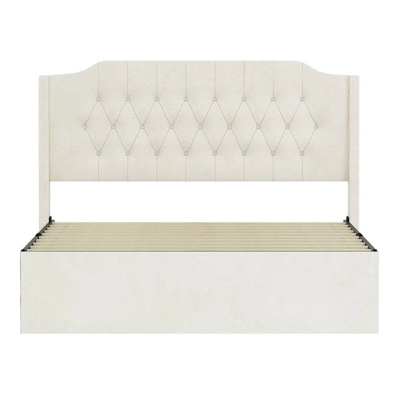 Queen Size Velvet Platform Bed with Tufted Headboard, Underbed Storage & Removable Velcro Fabric Cover