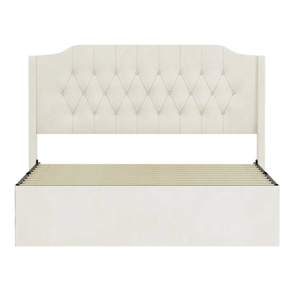 Queen Size Velvet Platform Bed with Tufted Headboard, Underbed Storage & Removable Velcro Fabric Cover