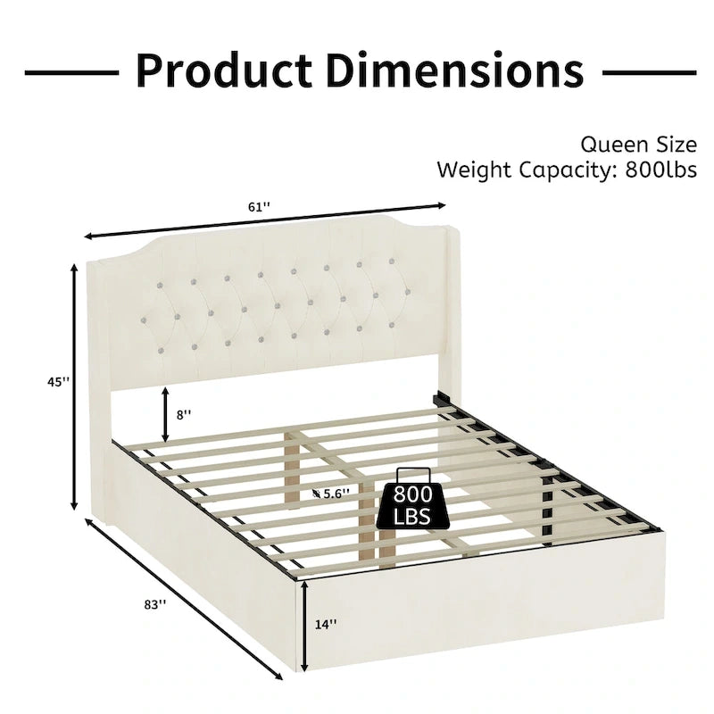 Queen Size Velvet Platform Bed with Tufted Headboard, Underbed Storage & Removable Velcro Fabric Cover