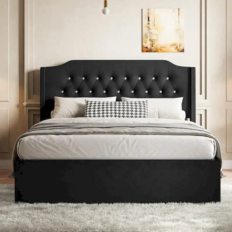 Queen Size Velvet Platform Bed with Tufted Headboard, Underbed Storage & Removable Velcro Fabric Cover