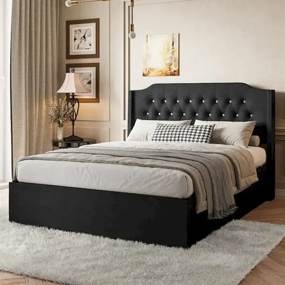 Queen Size Velvet Platform Bed with Tufted Headboard, Underbed Storage & Removable Velcro Fabric Cover