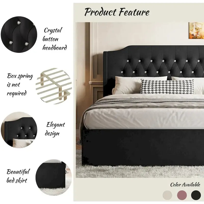 Queen Size Velvet Platform Bed with Tufted Headboard, Underbed Storage & Removable Velcro Fabric Cover
