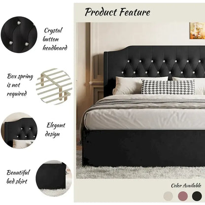 Queen Size Velvet Platform Bed with Tufted Headboard, Underbed Storage & Removable Velcro Fabric Cover