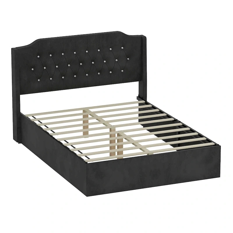 Queen Size Velvet Platform Bed with Tufted Headboard, Underbed Storage & Removable Velcro Fabric Cover