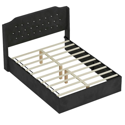 Queen Size Velvet Platform Bed with Tufted Headboard, Underbed Storage & Removable Velcro Fabric Cover