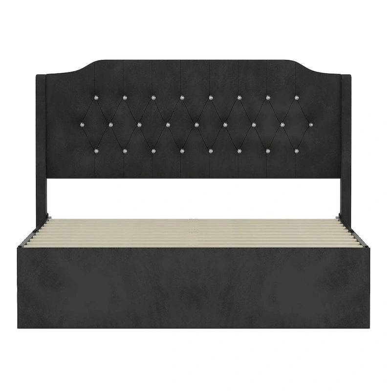 Queen Size Velvet Platform Bed with Tufted Headboard, Underbed Storage & Removable Velcro Fabric Cover