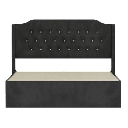 Queen Size Velvet Platform Bed with Tufted Headboard, Underbed Storage & Removable Velcro Fabric Cover
