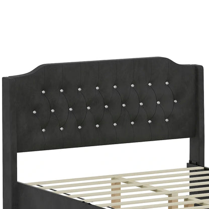 Queen Size Velvet Platform Bed with Tufted Headboard, Underbed Storage & Removable Velcro Fabric Cover