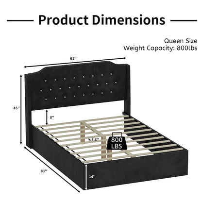 Queen Size Velvet Platform Bed with Tufted Headboard, Underbed Storage & Removable Velcro Fabric Cover