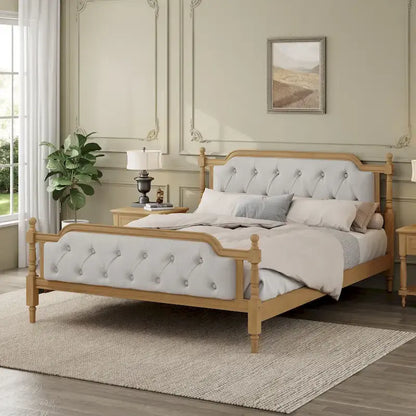 Queen Size Wood Platform Bed Frame with Tufted Headboard with Elegant Handcrafted Design, Sturdy Wooden Slats