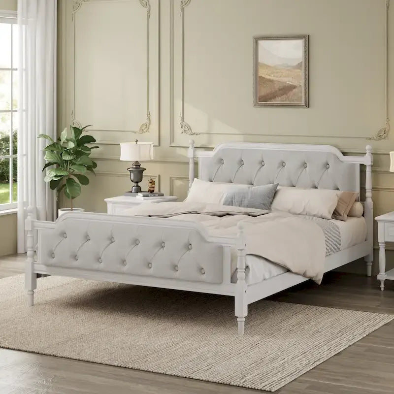 Queen Size Wood Platform Bed Frame with Tufted Headboard with Elegant Handcrafted Design, Sturdy Wooden Slats