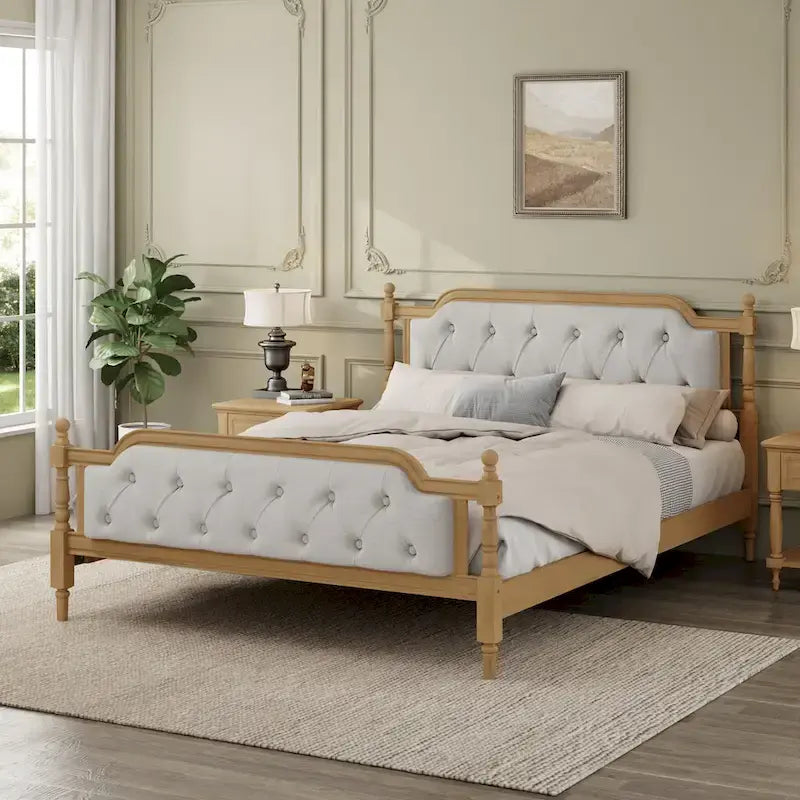 Queen Size Wood Platform Bed Frame with Tufted Headboard with Elegant Handcrafted Design, Sturdy Wooden Slats