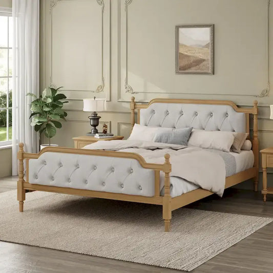 Queen Size Wood Platform Bed Frame with Tufted Headboard with Elegant Handcrafted Design, Sturdy Wooden Slats