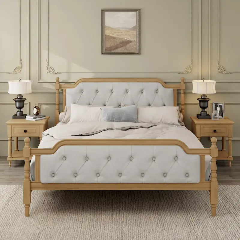 Queen Size Wood Platform Bed Frame with Tufted Headboard with Elegant Handcrafted Design, Sturdy Wooden Slats