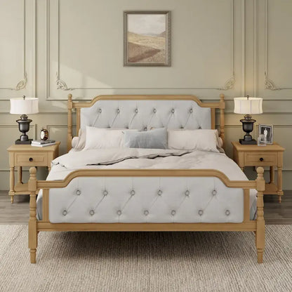 Queen Size Wood Platform Bed Frame with Tufted Headboard with Elegant Handcrafted Design, Sturdy Wooden Slats