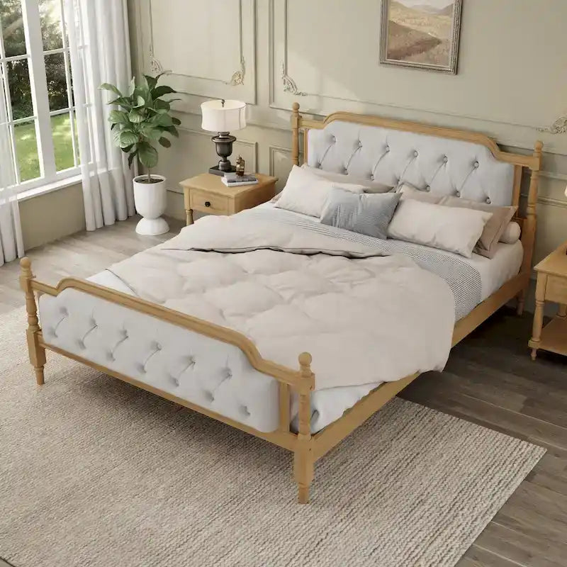 Queen Size Wood Platform Bed Frame with Tufted Headboard with Elegant Handcrafted Design, Sturdy Wooden Slats
