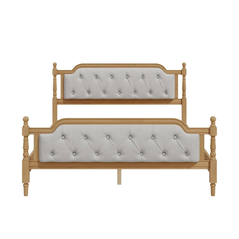 Queen Size Wood Platform Bed Frame with Tufted Headboard with Elegant Handcrafted Design, Sturdy Wooden Slats
