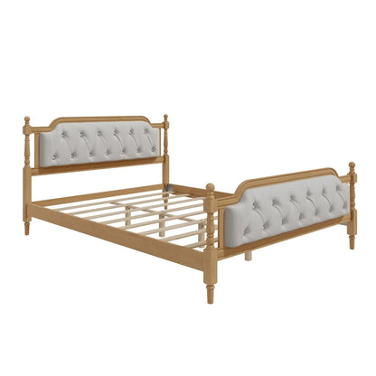 Queen Size Wood Platform Bed Frame with Tufted Headboard with Elegant Handcrafted Design, Sturdy Wooden Slats