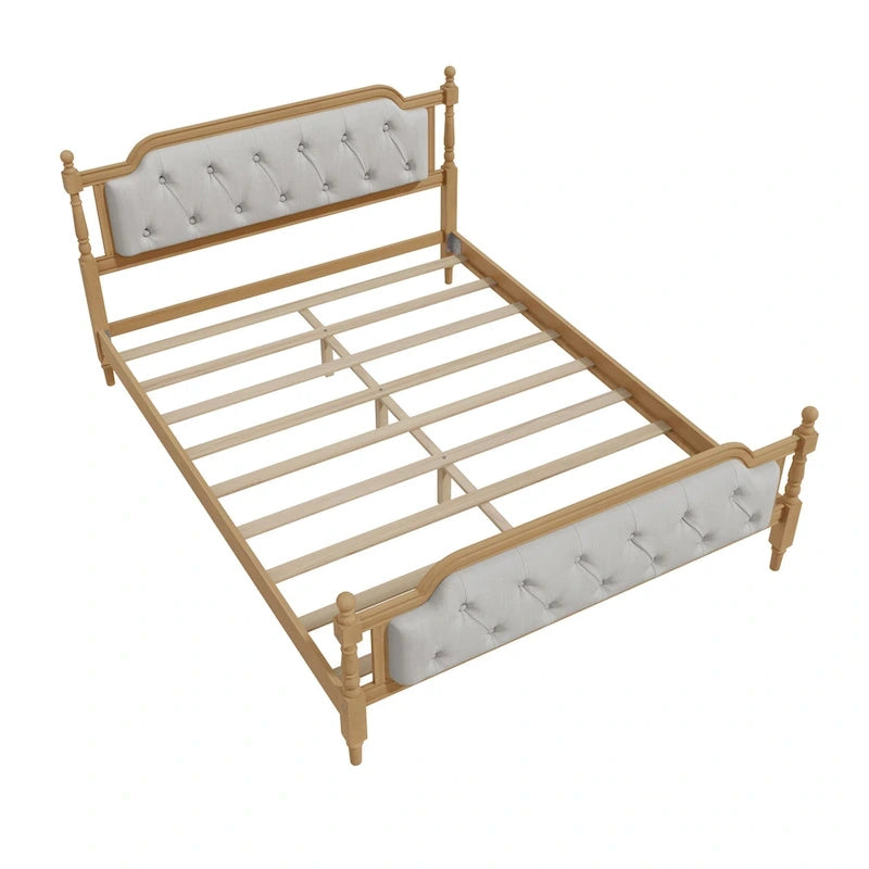 Queen Size Wood Platform Bed Frame with Tufted Headboard with Elegant Handcrafted Design, Sturdy Wooden Slats