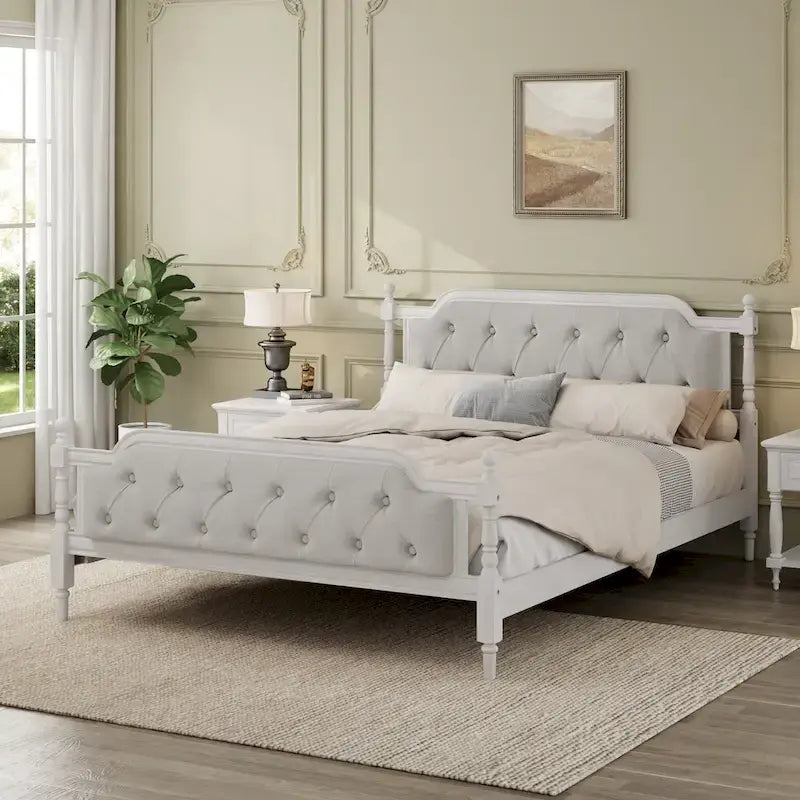 Queen Size Wood Platform Bed Frame with Tufted Headboard with Elegant Handcrafted Design, Sturdy Wooden Slats