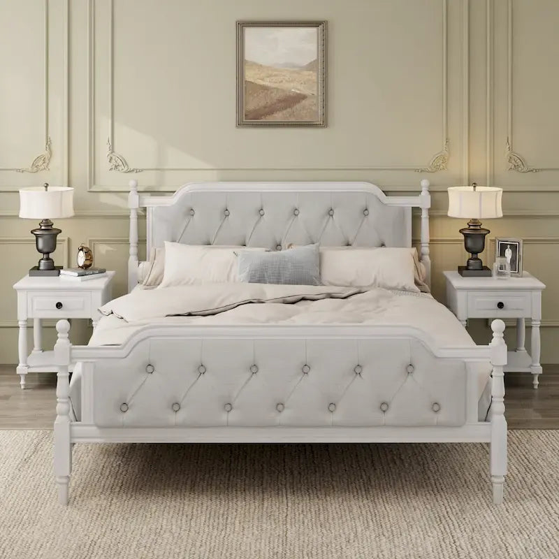 Queen Size Wood Platform Bed Frame with Tufted Headboard with Elegant Handcrafted Design, Sturdy Wooden Slats