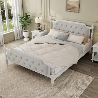 Queen Size Wood Platform Bed Frame with Tufted Headboard with Elegant Handcrafted Design, Sturdy Wooden Slats