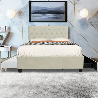 Queen Size Platform Bed with Gold Tufted Headboard with Trundle And Storage Drawers (600lb Capacity)
