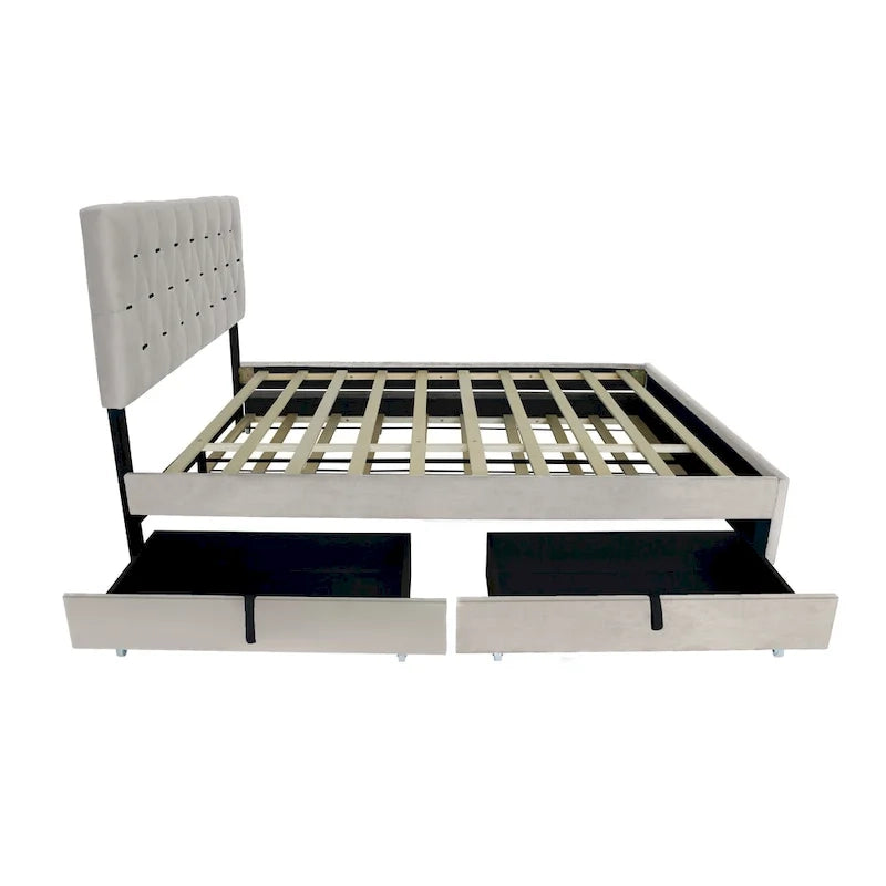 Queen Size Platform Bed with Gold Tufted Headboard with Trundle And Storage Drawers (600lb Capacity)