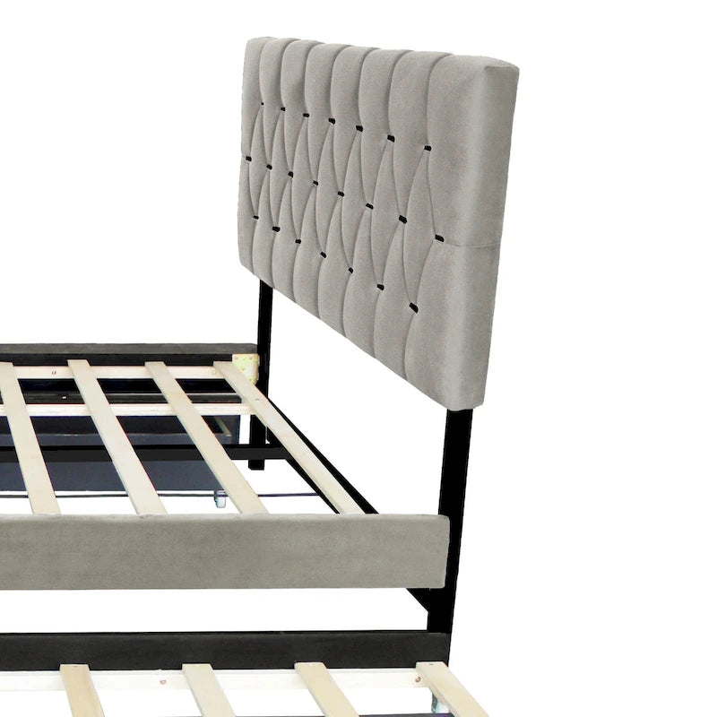 Queen Size Platform Bed with Gold Tufted Headboard with Trundle And Storage Drawers (600lb Capacity)