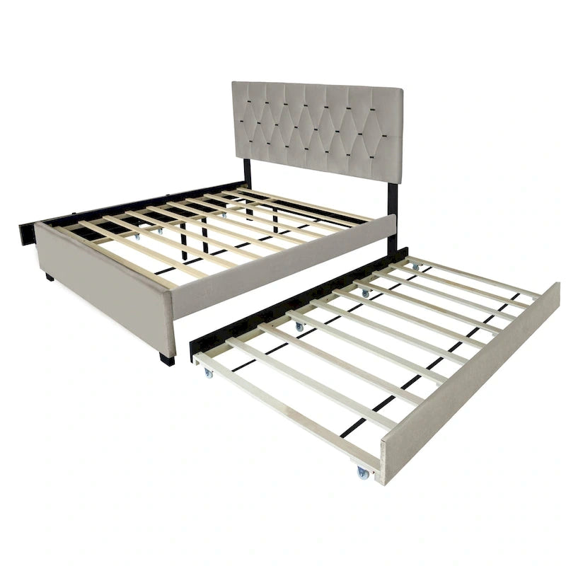 Queen Size Platform Bed with Gold Tufted Headboard with Trundle And Storage Drawers (600lb Capacity)