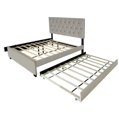 Queen Size Platform Bed with Gold Tufted Headboard with Trundle And Storage Drawers (600lb Capacity)