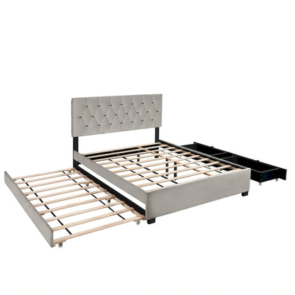 Queen Size Platform Bed with Gold Tufted Headboard with Trundle And Storage Drawers (600lb Capacity)