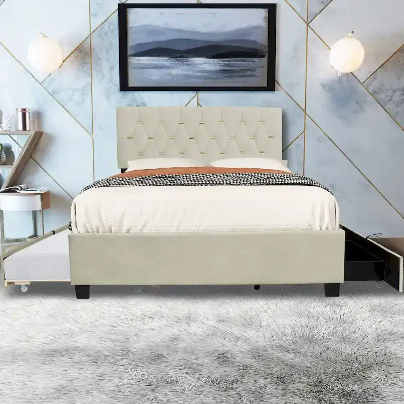 Queen Size Platform Bed with Gold Tufted Headboard with Trundle And Storage Drawers (600lb Capacity)